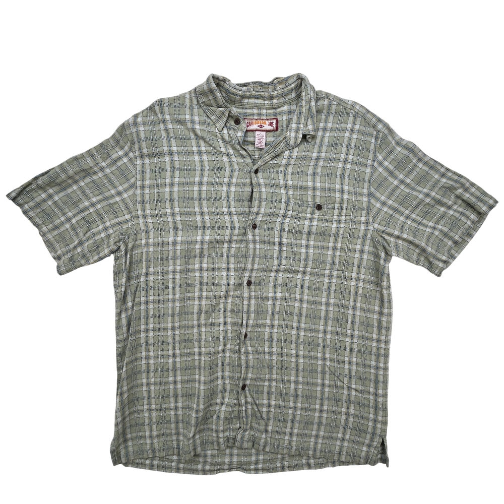 Caribbean Joe Shirt Mens Large Plaid Linen Rayon Blend Green Short Sleeve